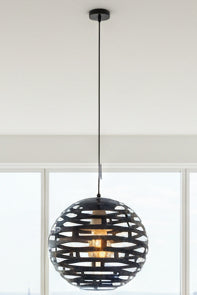 A black pendant light with a geometric patterned shade, hanging by a cord, with an E27 bulb visible inside the shade.