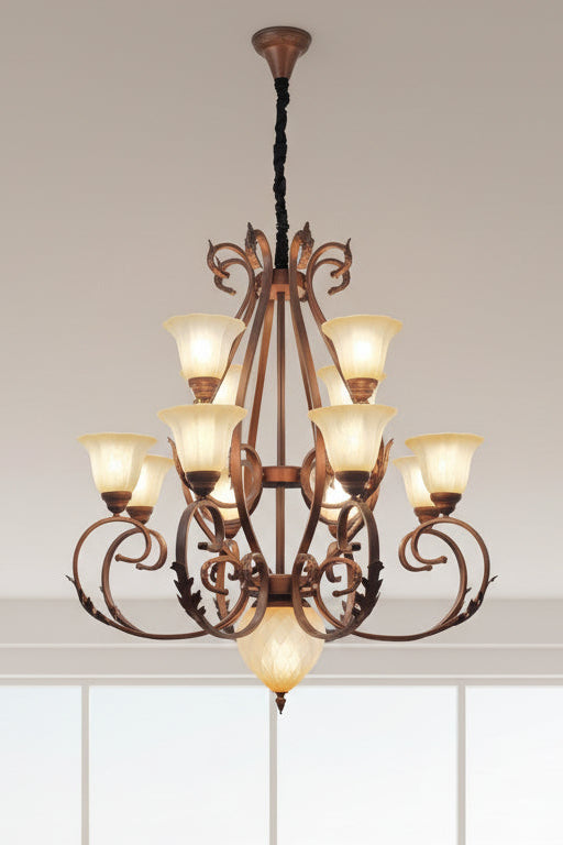 A traditional style chandelier with clear glass shades and bronze-colored metal hardware, displayed in a store setting.