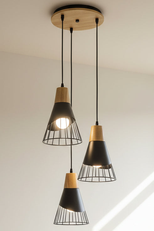 A pendant light fixture with a metallic structure and wooden elements, hanging from a ceiling.