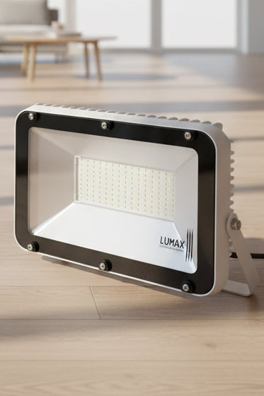 A white LUMAX brand LED flood light with SMD technology and a rotatable feature, displayed against a plain background.
