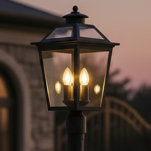 A matt black LUMAX wall top light with glass panels, illuminated from the inside with three E14 bulbs.